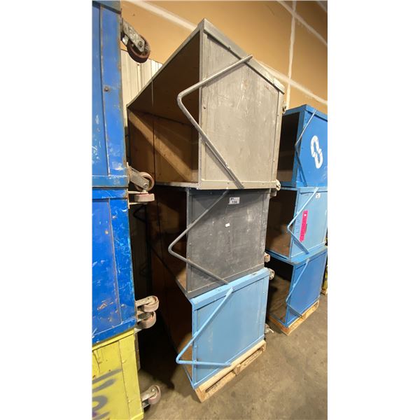 STACK OF 3 INDUSTRIAL 49"L X 31"W X 38"H METAL / WOOD MOBILE PRODUCT BINS *MUST TAKE ALL ON PALLET*