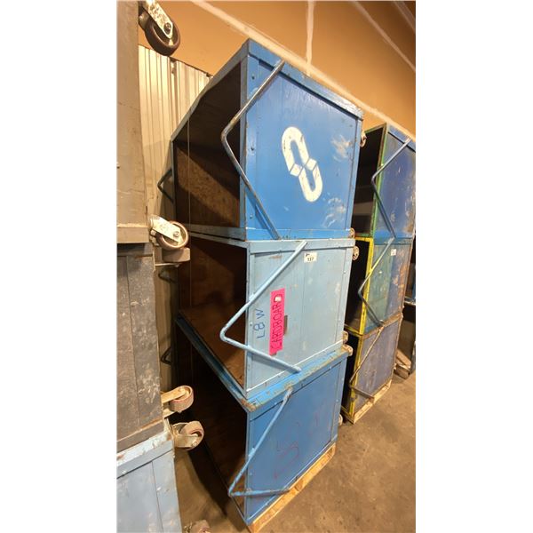 STACK OF 3 INDUSTRIAL 49"L X 31"W X 38"H METAL / WOOD MOBILE PRODUCT BINS *MUST TAKE ALL ON PALLET*