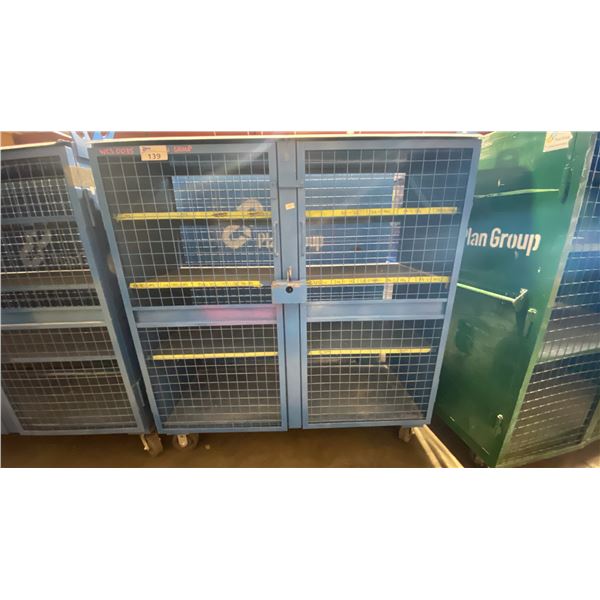 BLUE 2 DOOR METAL MESH 61"W X 25"D X 67"H HEAVY DUTY INDUSTRIAL TRANSPORT / STORAGE CART WITH CRANE