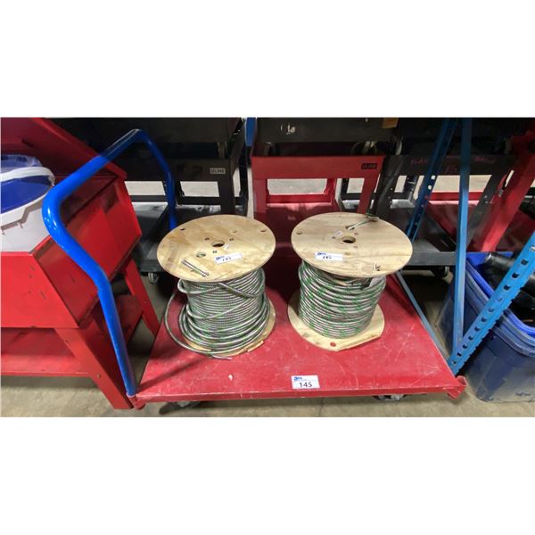 METAL PLATFORM CART WITH 2 LARGE SPOOLS OF TECH CABLE