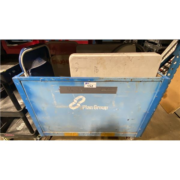 BLUE METAL/WOOD MOBILE PRODUCT BIN WITH ASSORTED FOLDING CHAIRS & TABLES