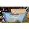 Image 1 : BLUE METAL/WOOD MOBILE PRODUCT BIN WITH ASSORTED FOLDING CHAIRS & TABLES