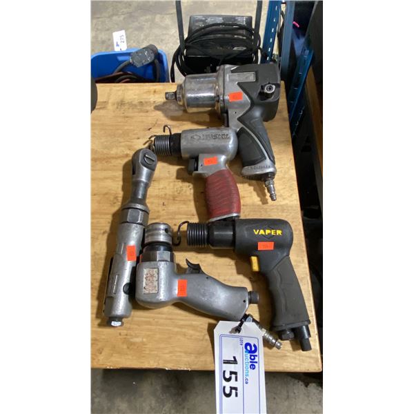 5 ASSORTED AIR TOOLS- IMPACT WRENCH, 2 CHISELS, CUTTING WHEEL & RATCHET