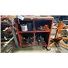 Image 1 : RED METAL WOOD TOP MOBILE STORAGE SHELF WITH ASSORTED TOOL CONTENTS, BENCH VICE &
