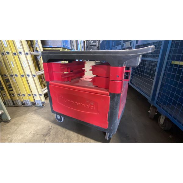 RUBBERMAID RED / BLACK PLASTIC MOBILE 38"L X 19"W X 32"H  INDUSTRIAL TOOL / WORK CART