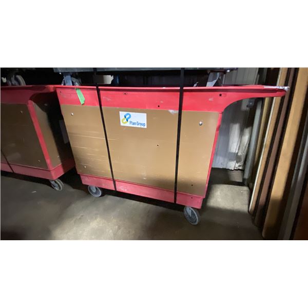 ULINE RED PLASTIC / METAL  2 TIER 46"L X 26"W X 33 1/2"H INDUSTRIAL MOBILE PRODUCT / TOOL