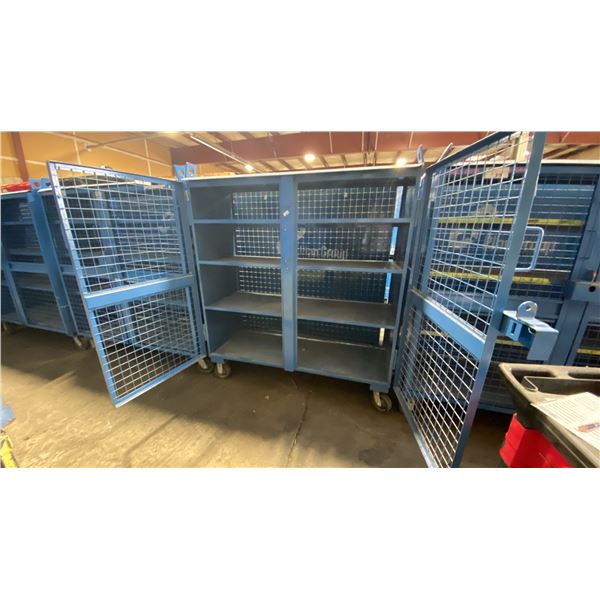 BLUE 2 DOOR METAL MESH 61"W X 25"D X 67"H HEAVY DUTY INDUSTRIAL TRANSPORT / STORAGE CART WITH CRANE