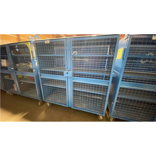 BLUE 2 DOOR METAL MESH 61"W X 25"D X 67"H HEAVY DUTY INDUSTRIAL TRANSPORT / STORAGE CART WITH CRANE