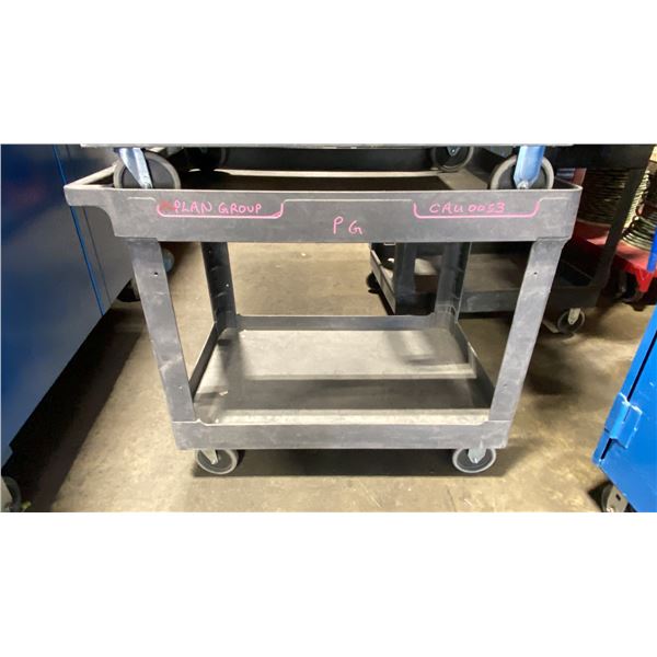 GREY PLASTIC 2 TIER 40"L X 25"W X 33"H INDUSTRIAL MOBILE PRODUCT CART