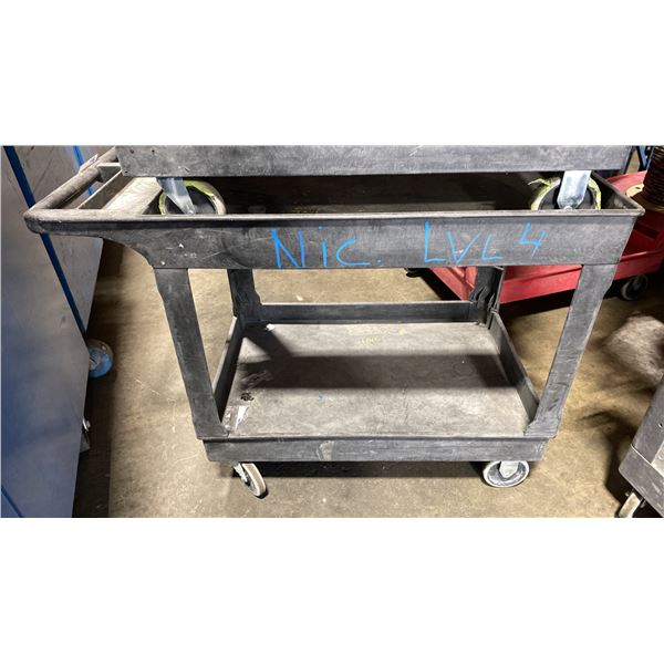 BLACK PLASTIC 2 TIER 45"L X 25"W X 33"H INDUSTRIAL MOBILE PRODUCT CART