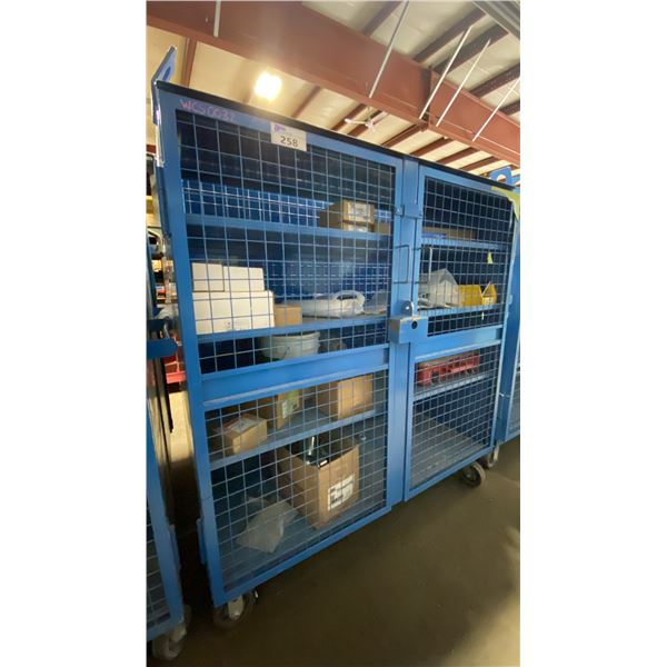 BLUE 2 DOOR METAL MESH 61"W X 25"D X 67"H HEAVY DUTY INDUSTRIAL TRANSPORT / STORAGE CART WITH CRANE