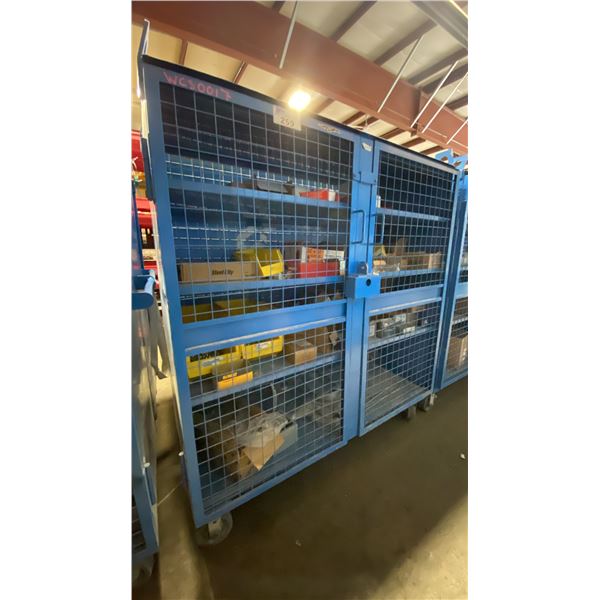 BLUE 2 DOOR METAL MESH 61"W X 25"D X 67"H HEAVY DUTY INDUSTRIAL TRANSPORT / STORAGE CART WITH CRANE