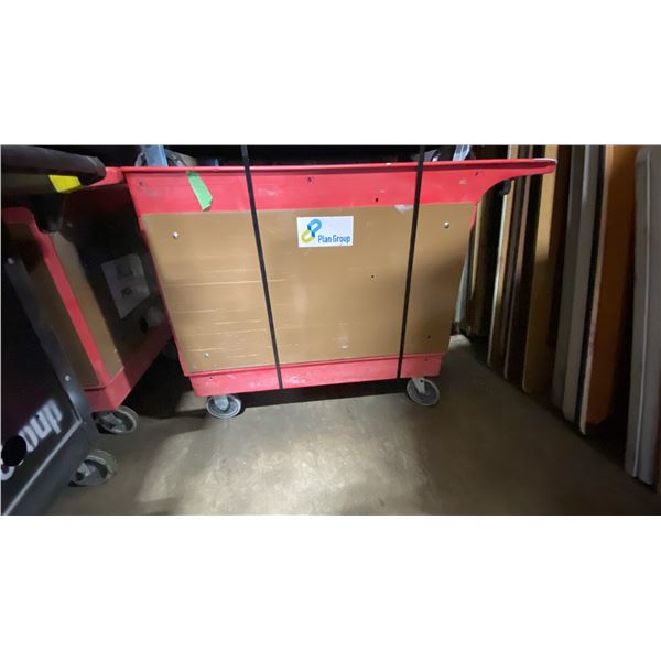 ULINE RED PLASTIC / METAL  2 TIER 46"L X 26"W X 33 1/2"H INDUSTRIAL MOBILE PRODUCT / TOOL