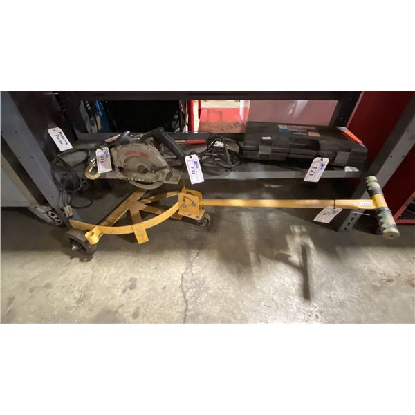 YELLOW DRUM DOLLY, PORTER CABLE FRAME SAW, CABLE PULLER & BOLT BUSTER HEAD INDUCTION TOOL *MAY BE
