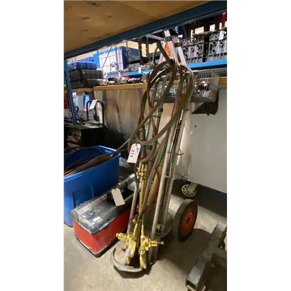 GREY MOBILE INDUSTRIAL TORCH CART, TORCH HEAD, 2 GAUGE SETS, HOSE, CONTENTS, & TOOL BOX OF ASSORTED
