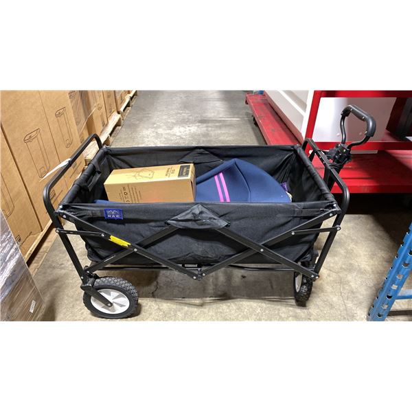 BLACK FABRIC FOLDING WAGON, YIZI GO PORTABLE CHAIR, NEOPRENE TOTE BAG & ASSORTED CHANGE PURSES /