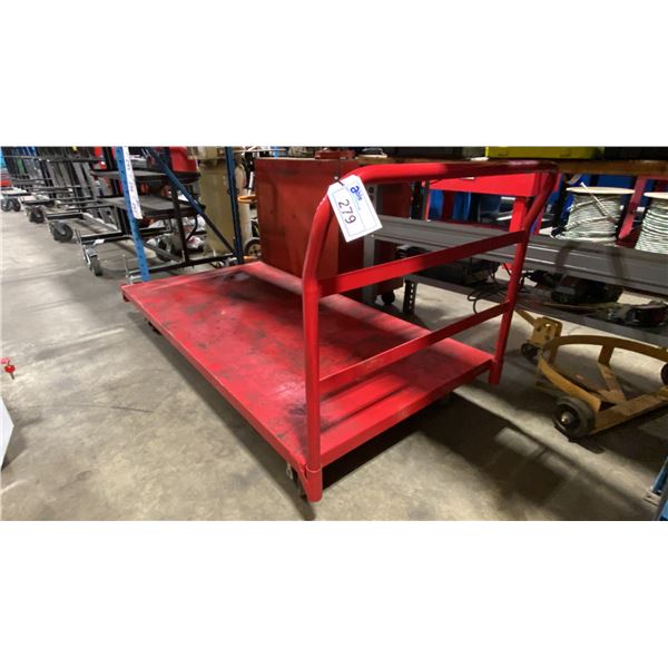 RED ULINE 72"L X 36"W X 10"H METAL MOBILE INDUSTRIAL FLAT PRODUCT CART WITH REMOVABLE HANDLE