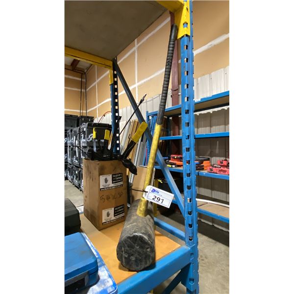 LARGE YELLOW INDUSTRIAL RUBBER MALLET & BOX OF ASSORTED BREAK-IN TOOLS