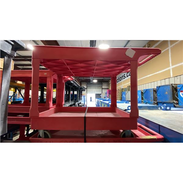 RED PLASTIC 2 TIER 45"L X 25"W X 33"H INDUSTRIAL MOBILE PRODUCT CART
