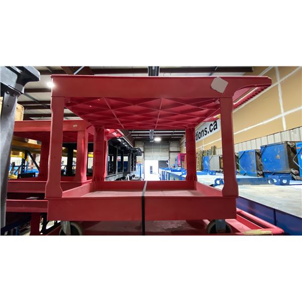 RED PLASTIC 2 TIER 45"L X 25"W X 33"H INDUSTRIAL MOBILE PRODUCT CART