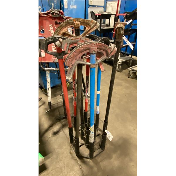8 ASSORTED SIZE HAND OPERATED INDUSTRIAL PIPE BENDERS WITH STAND