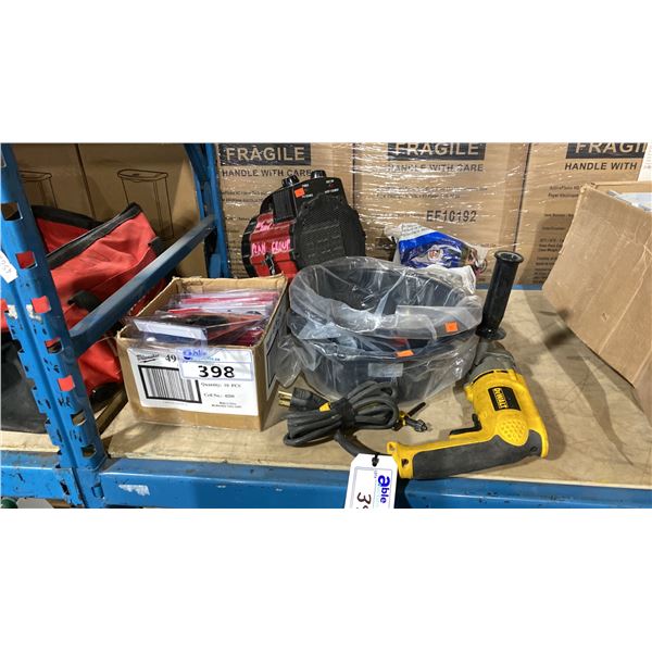 DEWALT ELECTRIC DRILL, RED SMALL HEATER, MILWAUKEE HAMMERVAC DUST EXTRACTOR REPLACEMENT NOZZLES,