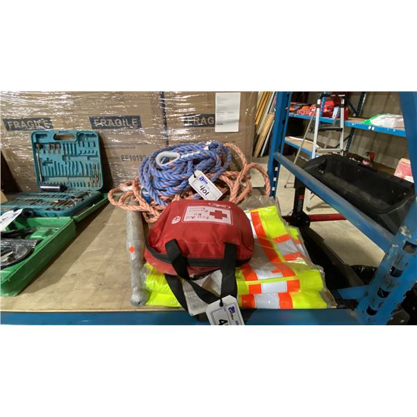 FIRST AID KIT, 2 VIKING SAFETY VESTS & FALL PROTECTION ROPE