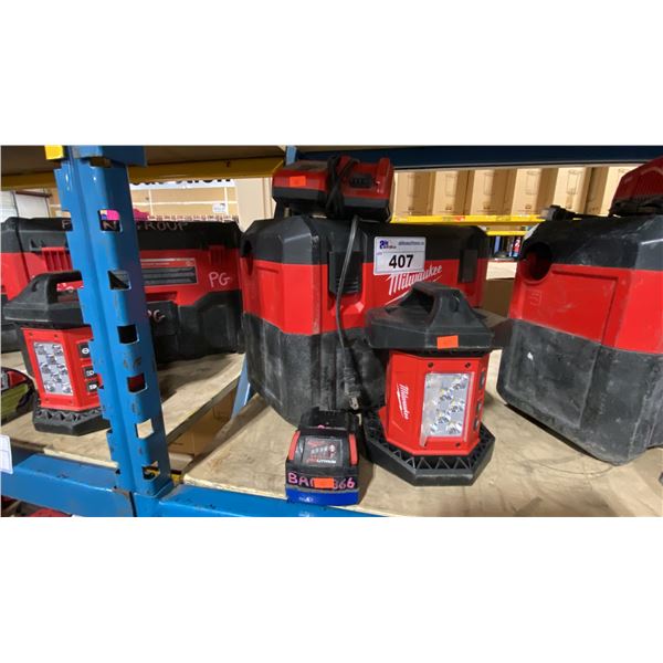 MILWAUKEE CORDLESS M18 PORTABLE 2 GALLON WET/DRY VACUUM, FLOOD LIGHT, BATTERY & CHARGER