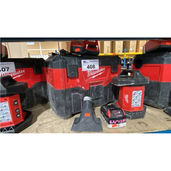 MILWAUKEE CORDLESS M18 PORTABLE 2 GALLON WET/DRY VACUUM, FLOOD LIGHT, BATTERY & CHARGER