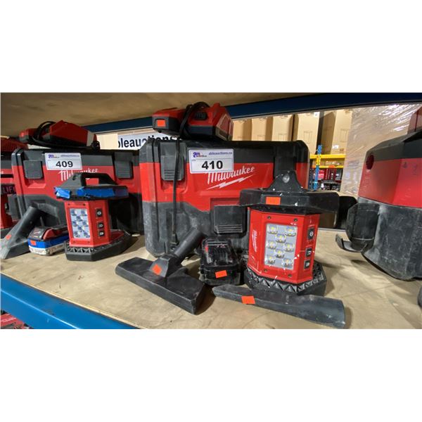 MILWAUKEE CORDLESS M18 PORTABLE 2 GALLON WET/DRY VACUUM, FLOOD LIGHT, BATTERY & CHARGER