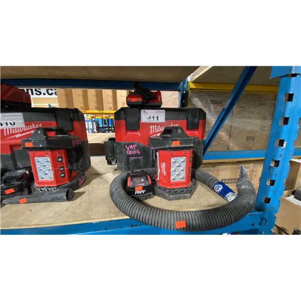 MILWAUKEE CORDLESS M18 PORTABLE 2 GALLON WET/DRY VACUUM, FLOOD LIGHT, BATTERY & CHARGER