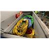 Image 2 : LARGE GROUP OF ASSORTED EXTENSION CORDS & SAFETY TAPE *JOB BOX NOT INCLUDED*