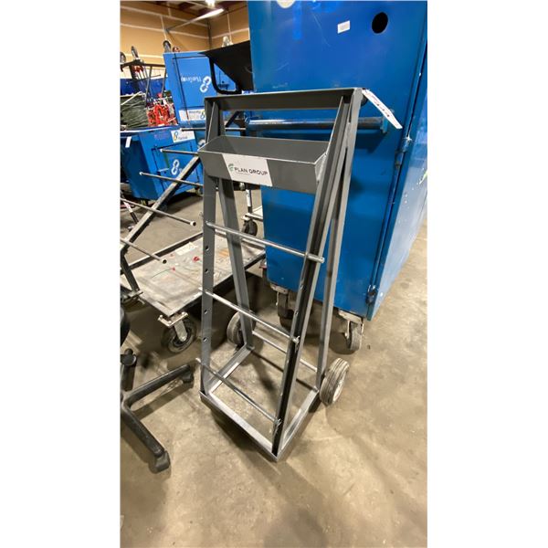 ULINE GREY METAL 2 WHEEL WIRE REEL CADDY WITH TOOL TRAY