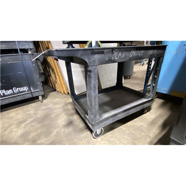 BLACK PLASTIC 2 TIER 45"L X 25"W X 33"H INDUSTRIAL MOBILE PRODUCT CART