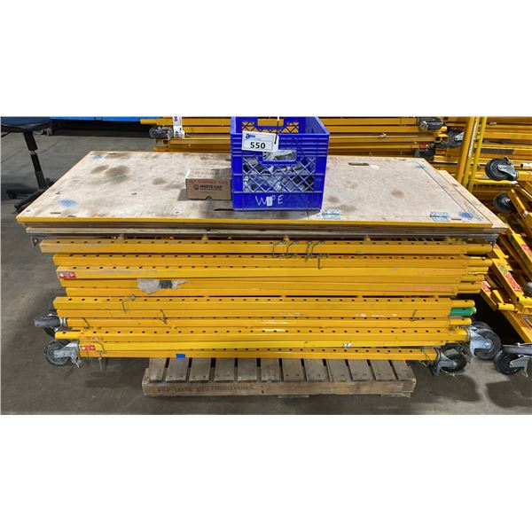 STACK OF METALTECH YELLOW 6' DRYWALLER'S SCAFFOLDING UPRIGHTS, WALKBOARDS, WOOD, 90 DEGREE PINS, &