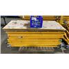 Image 1 : STACK OF METALTECH YELLOW 6' DRYWALLER'S SCAFFOLDING UPRIGHTS, WALKBOARDS, WOOD, 90 DEGREE PINS, &