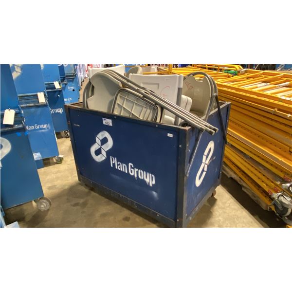 METAL FRAME WOODEN MOBILE STORAGE BIN WITH ASSORTED METAL FRAME PLASTIC FOLDING CHAIRS