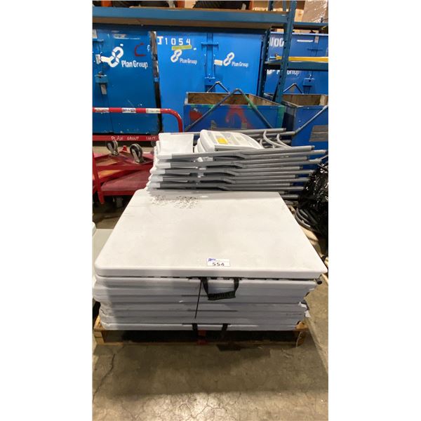 PALLET OF 4 PLASTIC FOLDING TABLES & APPROX 11 WHITE METAL FRAMED FOLDING CHAIRS
