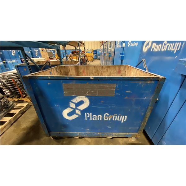 BLUE METAL FRAME WOODEN MOBILE STORAGE BIN APPROX 50"L X 31"D X 42"H