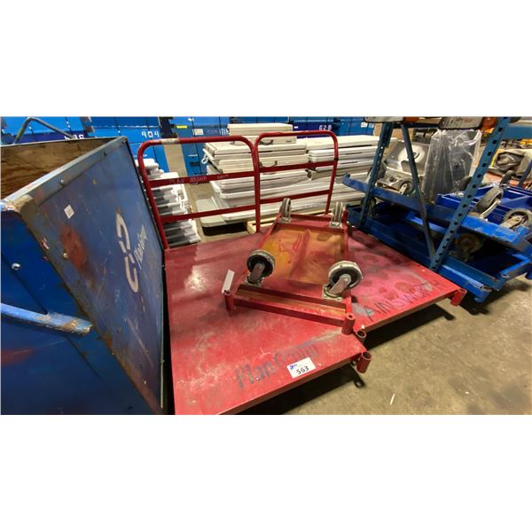 PAIR OF RED METAL 48" X 30" PLATFORM CARTS WITH HANDLES & 1 SMALL RED METAL PLATFORM CART WITHOUT