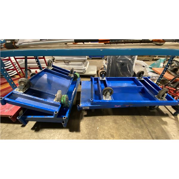 5 ASSORTED SIZED BLUE METAL PLATFORM CARTS *NO HANDLES*