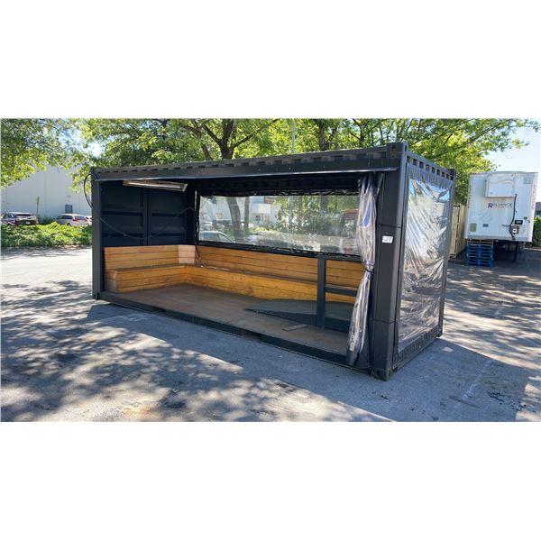 20' BLACK TRANSPORT CONTAINER CONVERTED TO OPEN SIDE PARKLET PATIO STYLE SEATING AREA WITH CLEAR