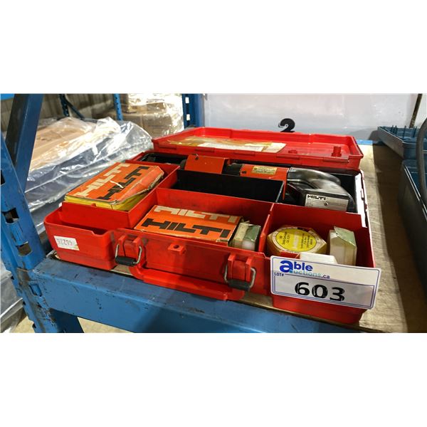 HILTI DX 400 AIR ACTUATED GUN IN HARD TRANSPORT CASE WITH ASSORTED HARDWARE / CHARGES