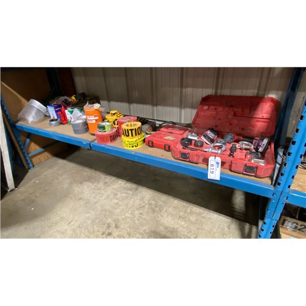 SHELF OF ASSORTED LARGE TOOLS, CAUTION TAPE, DUCT TAPE, FACE SHIELDS, PROTECTIVE CLOTHING, &