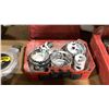 Image 5 : SHELF OF ASSORTED LARGE TOOLS, CAUTION TAPE, DUCT TAPE, FACE SHIELDS, PROTECTIVE CLOTHING, &