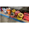 Image 6 : SHELF OF ASSORTED LARGE TOOLS, CAUTION TAPE, DUCT TAPE, FACE SHIELDS, PROTECTIVE CLOTHING, &