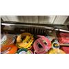 Image 7 : SHELF OF ASSORTED LARGE TOOLS, CAUTION TAPE, DUCT TAPE, FACE SHIELDS, PROTECTIVE CLOTHING, &