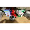 Image 8 : SHELF OF ASSORTED LARGE TOOLS, CAUTION TAPE, DUCT TAPE, FACE SHIELDS, PROTECTIVE CLOTHING, &