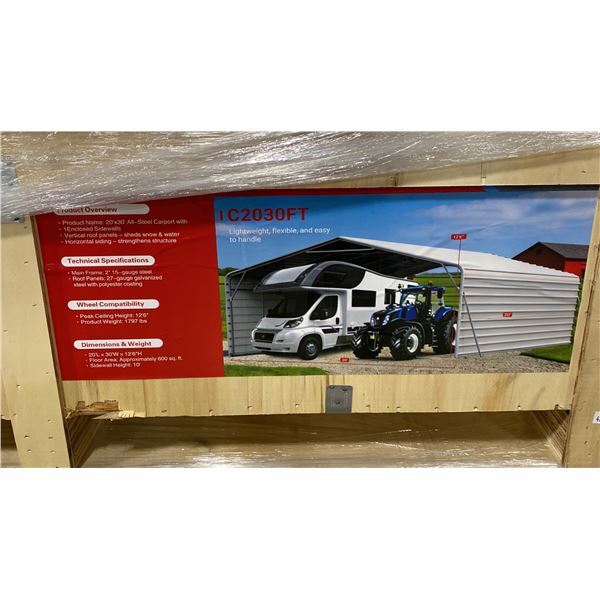 SDLANCH SDLC2030FT 20' X 30' ALL STEEL HIGH END CARPORT W/ ENCLOSED SIDE WALLS *IN WOODEN CRATE*