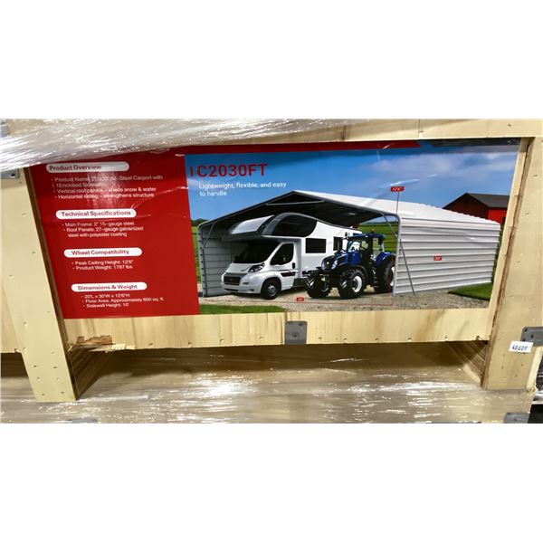 SDLANCH SDLC2030FT 20' X 30' ALL STEEL HIGH END CARPORT W/ ENCLOSED SIDE WALLS *IN WOODEN CRATE*